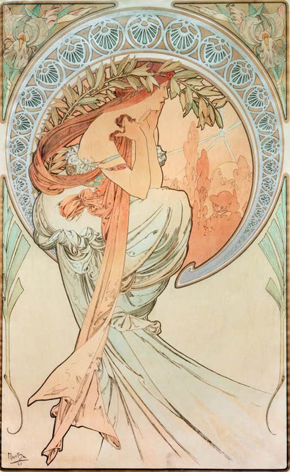 Die Poesie von Alfons Mucha, 1898 – Frauenfigur mit floralen Ornamenten im Jugendstil