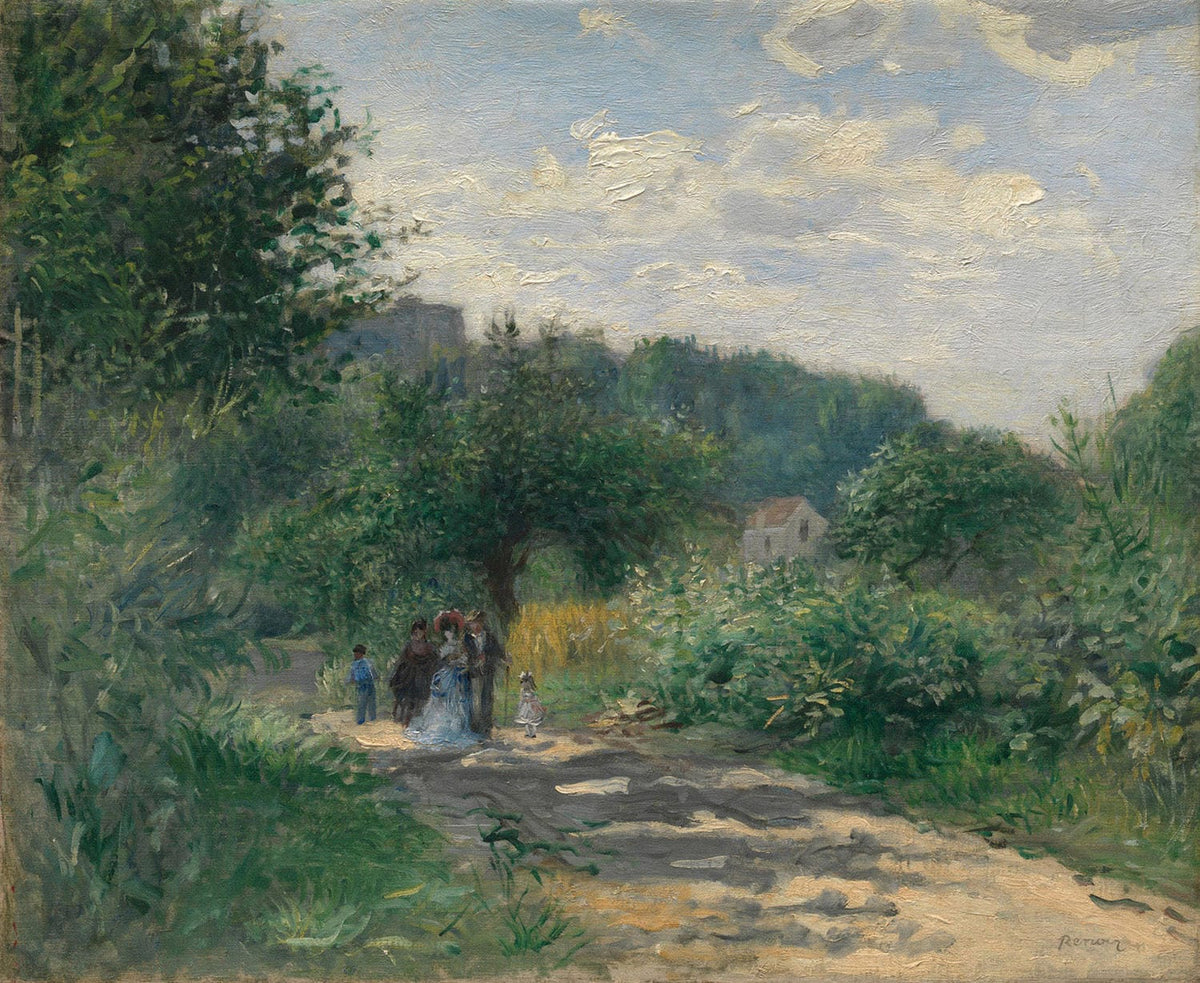 Impressionistisches Gemälde von Pierre-Auguste Renoir, das eine malerische Straße in Louveciennes zeigt. Lebendige Pinselstriche und warme Farben fangen die ruhige, sonnige Dorfatmosphäre ein.