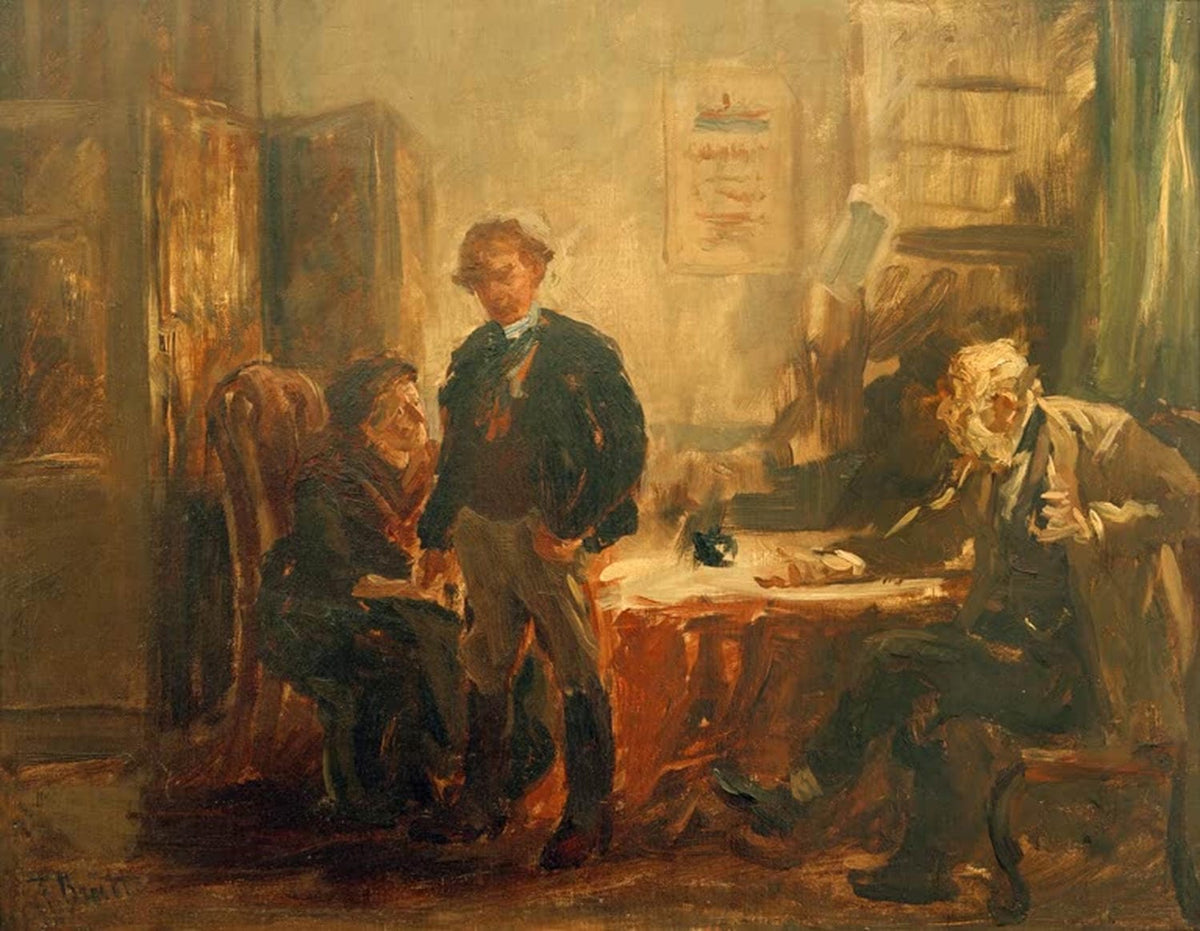 Studie zu „Beim Auswanderungs-Agenten“ von Ferdinand Brütt – Ölstudie einer Auswanderungsszene mit wartenden Menschen, realistische Genremalerei des 19. Jahrhunderts