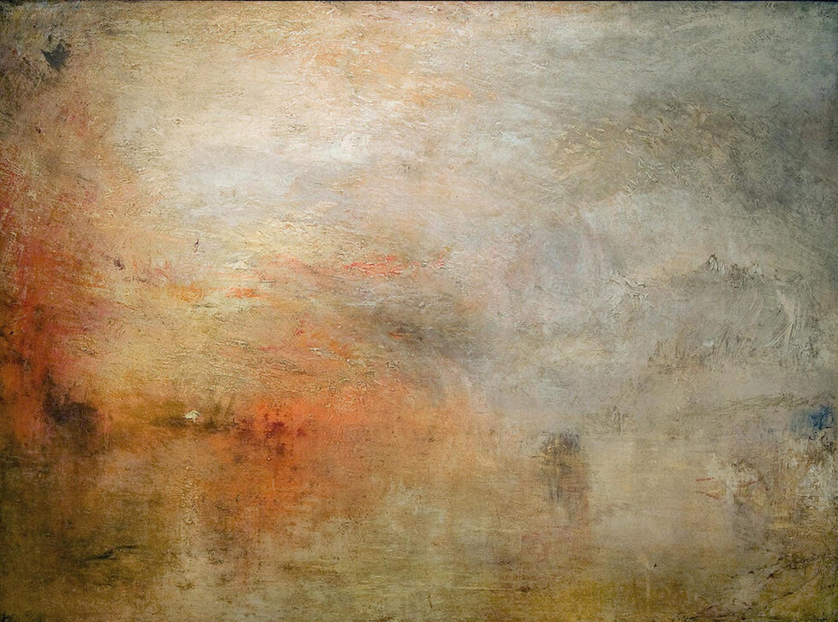 Romantisches Gemälde von William Turner mit leuchtendem Sonnenuntergang über einem ruhigen See.