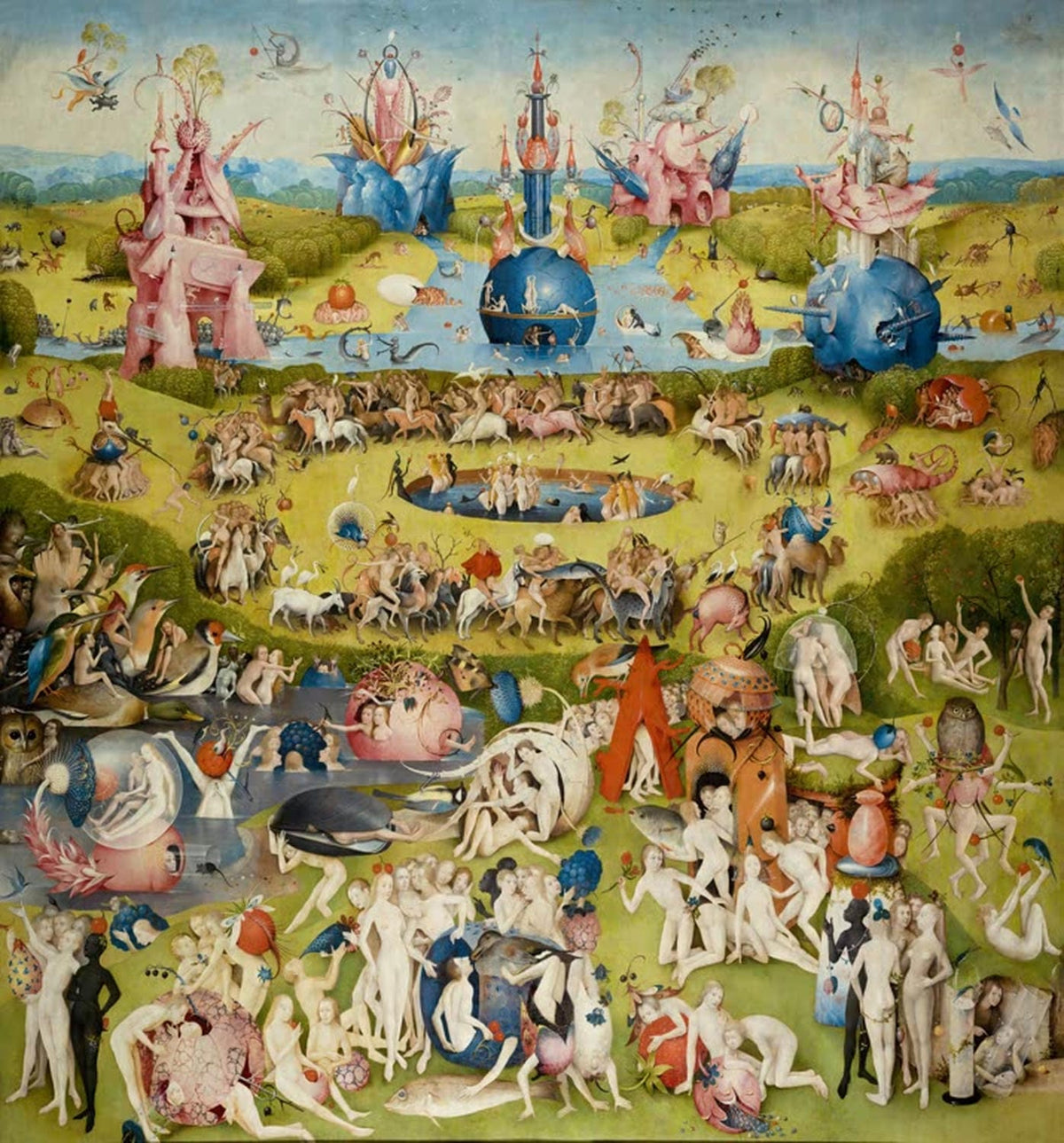 Hieronymus Bosch Gemälde „Der Garten der Lüste“ – komplexe Triptychon-Darstellung mit fantastischen, surrealen Szenen voller Symbolik.