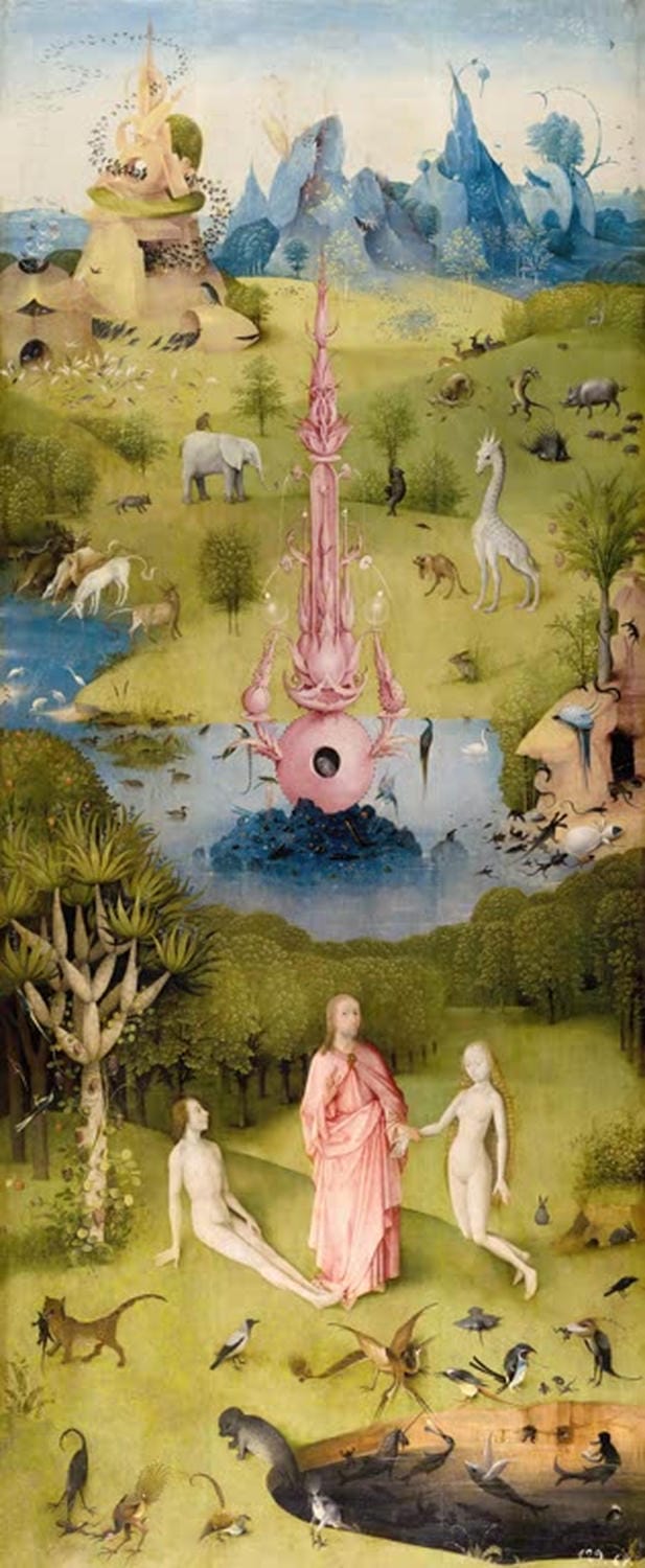 Der Garten der Lüste (linker Flügel) - Hieronymus Bosch (Der Garten Eden und die Erschaffung Evas)