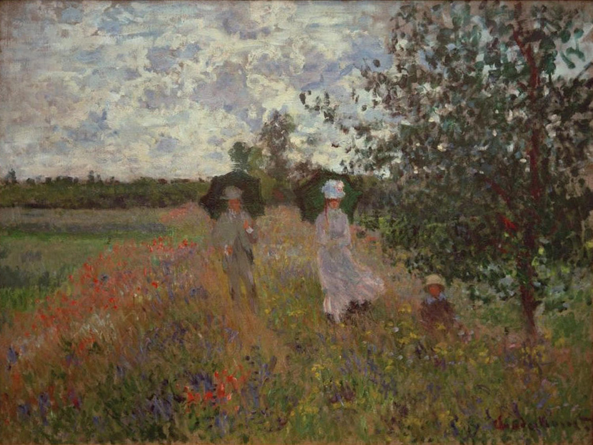 Impressionistische Landschaft mit Frau beim Spaziergang, Gemälde "Spaziergang bei Argenteuil" von Claude Monet.