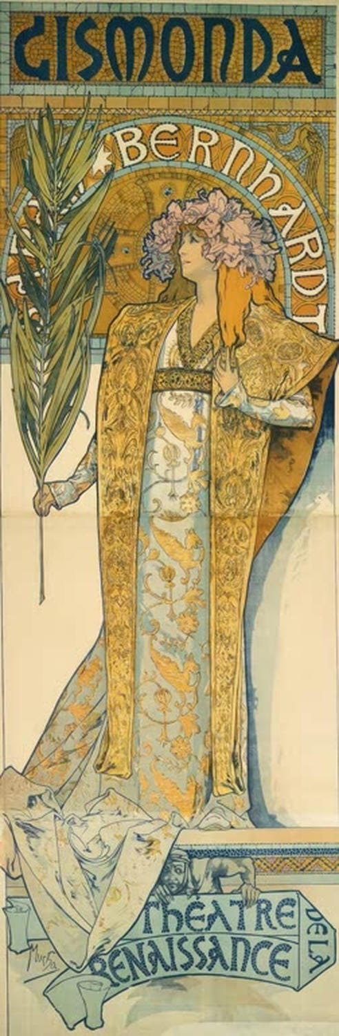 Plakat Gismonda von Alfons Mucha mit Sarah Bernhardt in langer Robe und Lorbeerkrone, farbenfrohes Jugendstil-Design von 1894.