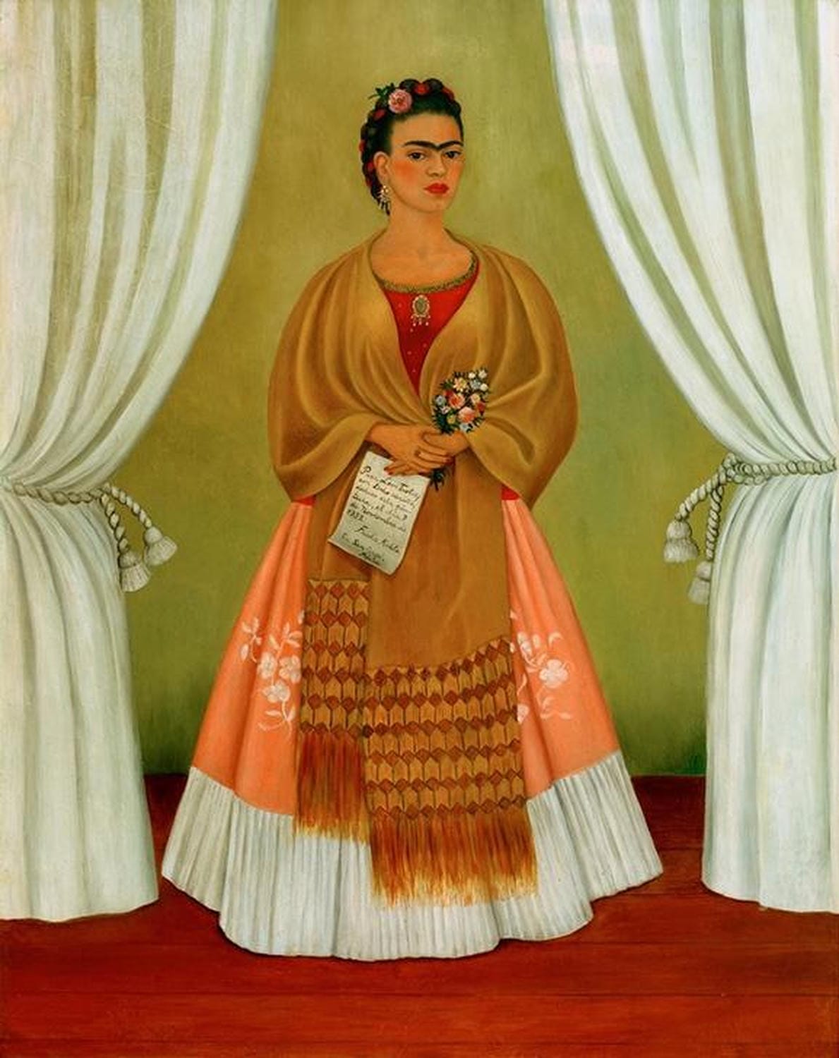 Frida Kahlo hält in einem Selbstporträt einen Brief für Leo Trotzki.