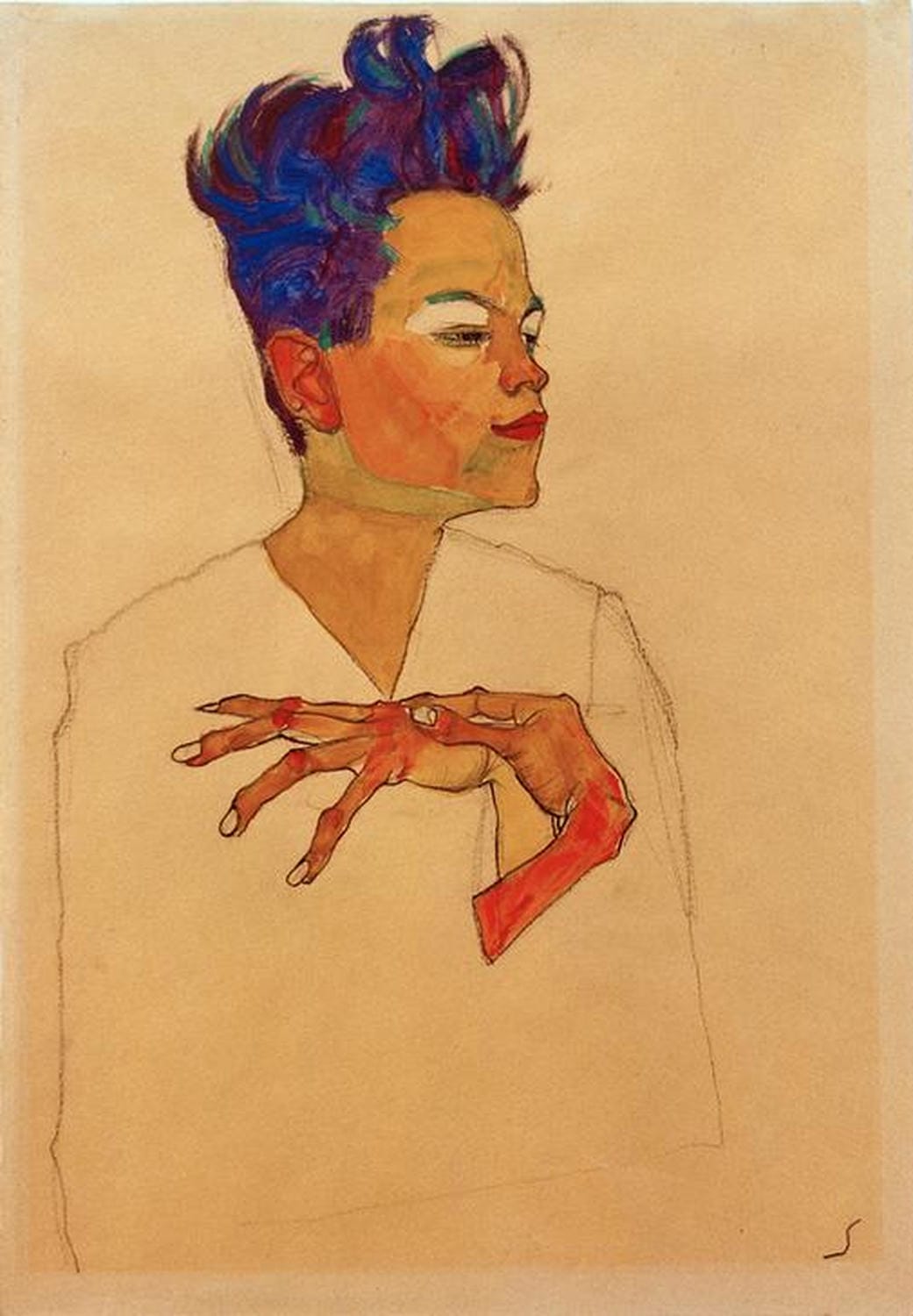 Selbstporträt von Egon Schiele mit gefalteten Händen vor der Brust, ausdrucksstark und kantig gezeichnet.