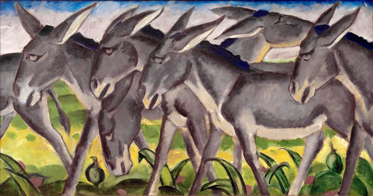 „Eselfries“ von Franz Marc – Farbintensive Darstellung mehrerer Esel in dynamischer Anordnung vor abstraktem Hintergrund.