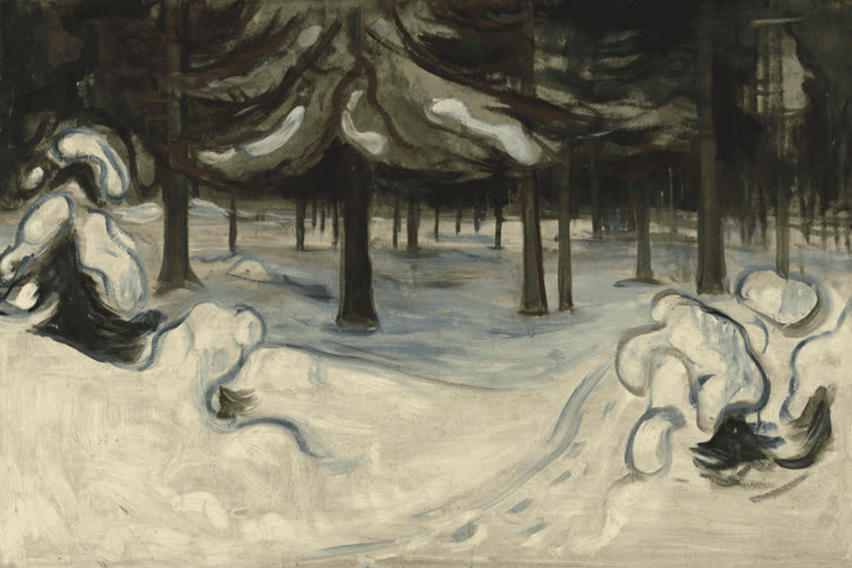 Gemälde „Winter im Wald“ von Edvard Munch mit verschneiter Waldlandschaft