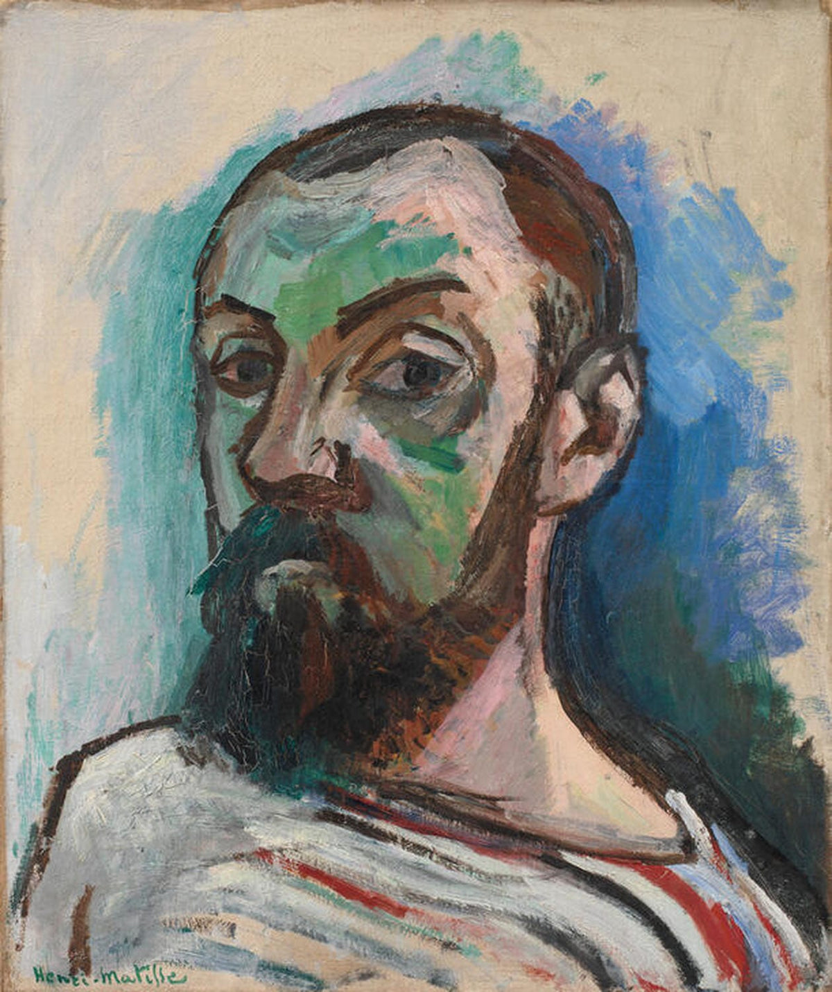 Kunstdruck von Henri Matisse. Ein kraftvolles Porträt, das den Künstler mit lebendigen Farben und ausdrucksstarken Linien im Stil des Fauvismus zeigt, ideal für Kunstliebhaber.