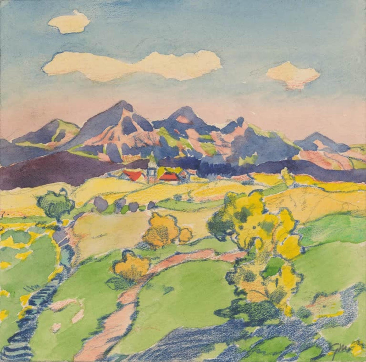 Kunstdruck Blick auf ein Dorf am Fuße eines Berges in den Wiesen von Gustav Mally