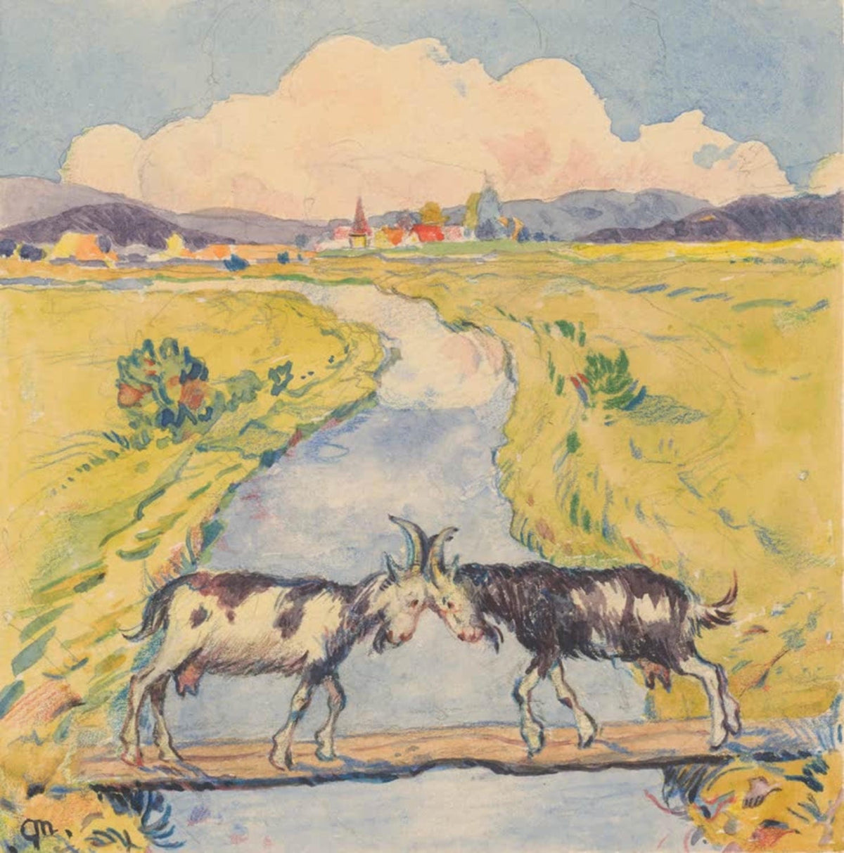 Zwei Ziegen begegnen sich auf einer schmalen Brücke über einem Bach, Gemälde von Gustav Mally als Kunstdruck