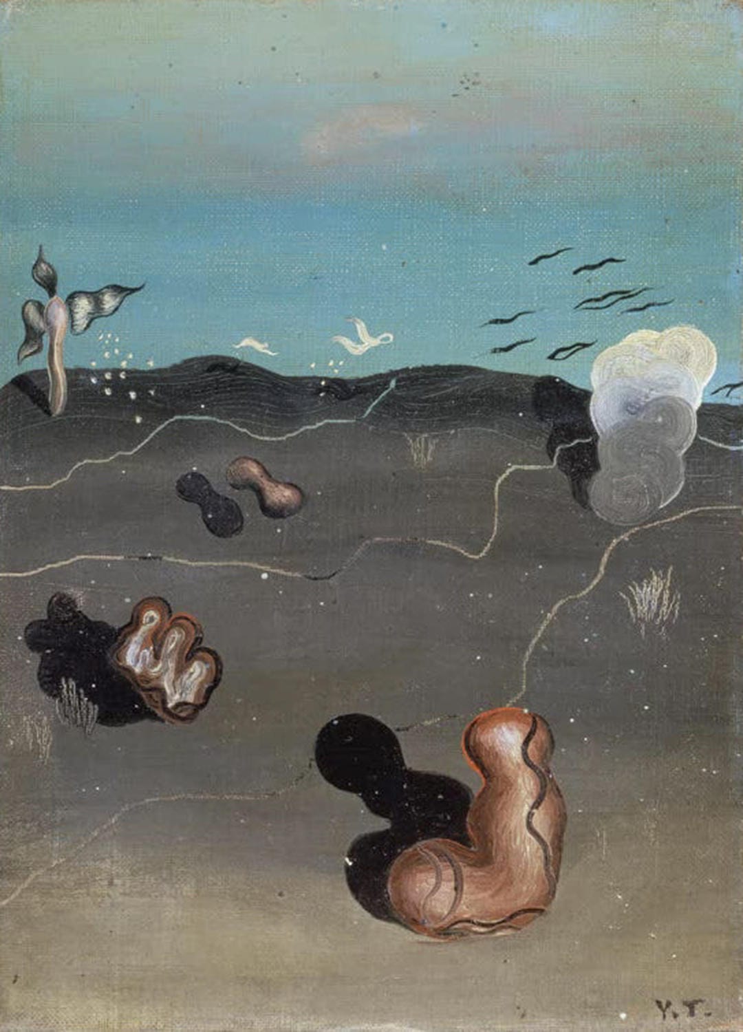 "Die Gaukler" – surrealistisches Gemälde von Yves Tanguy mit abstrakten, organischen Figuren.