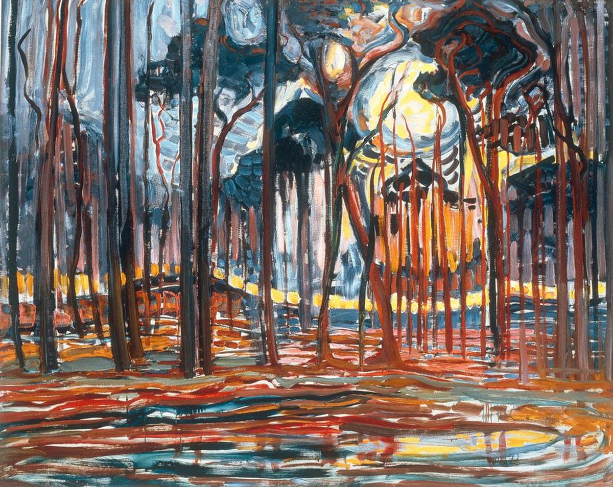 Waldlandschaft mit Bäumen und Lichtspiel in Erdtönen, frühes Werk von Piet Mondrian.
