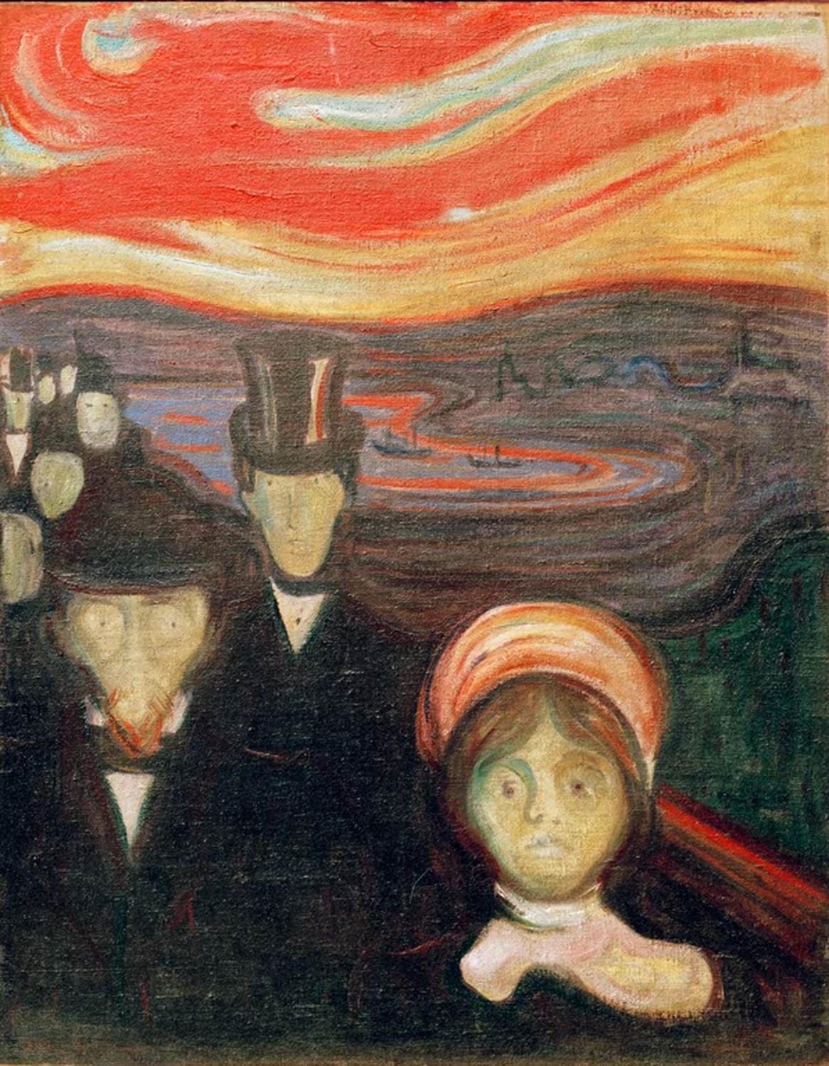 Edvard Munch Gemälde „Angst“ – expressionistisches Werk mit intensiven Farben, das eine tief emotionale, beunruhigende Stimmung vermittelt.