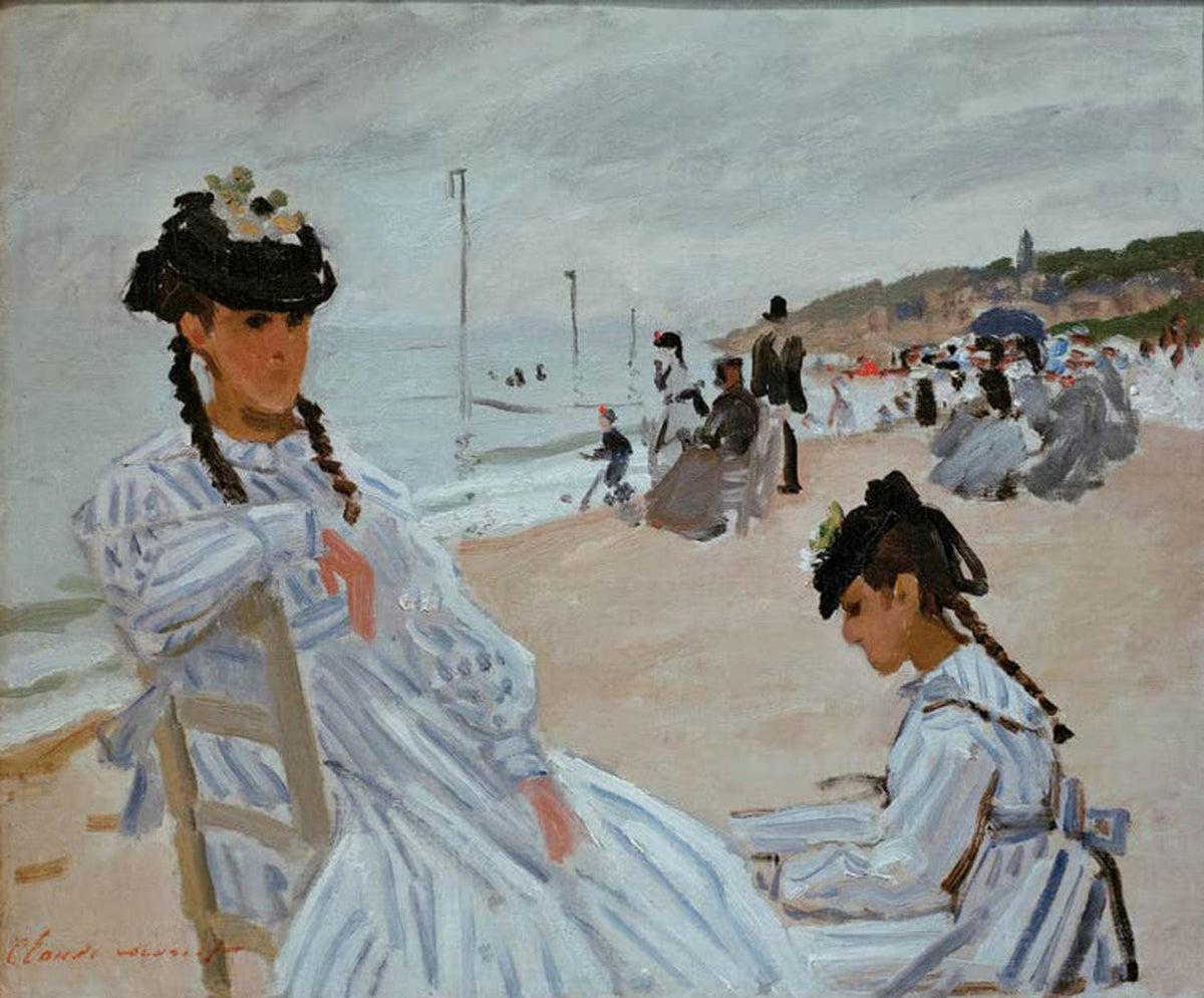 Claude Monets impressionistische Darstellung eines Strands in Trouville mit Figuren und bewegtem Himmel.