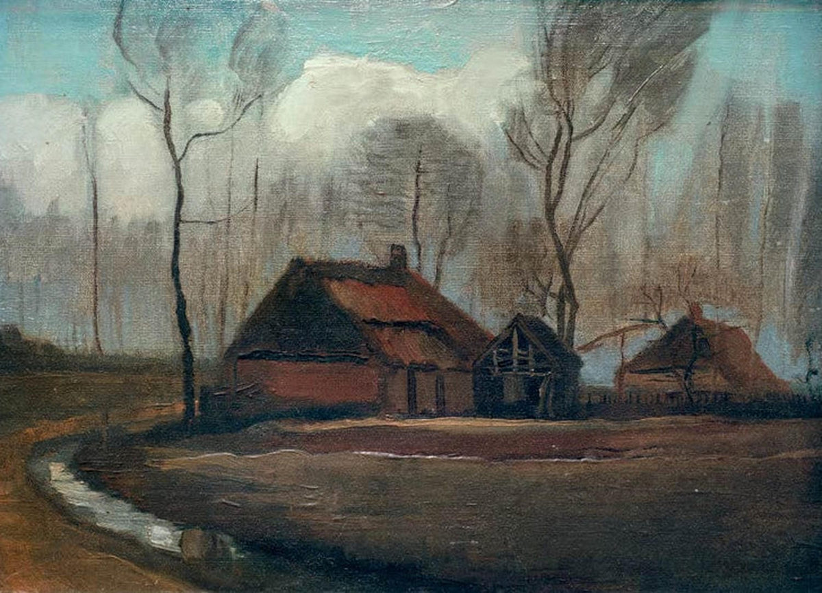 "Gehöft nach dem Regen“ von Vincent van Gogh: Bauernhof mit nassen Feldern und Himmel nach Regen, in kräftigen Farben und dynamischen Pinselstrichen dargestellt.