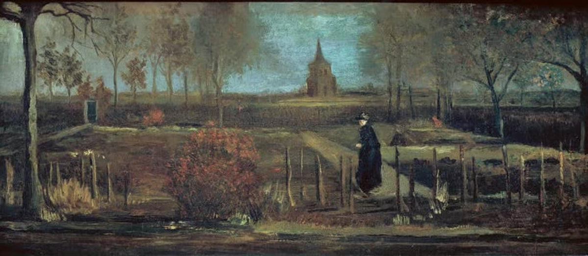 „Pfarrgarten“ von Vincent van Gogh: Garten mit Blumen, Büschen und Wegen in leuchtenden Farben und dynamischen Pinselstrichen dargestellt.