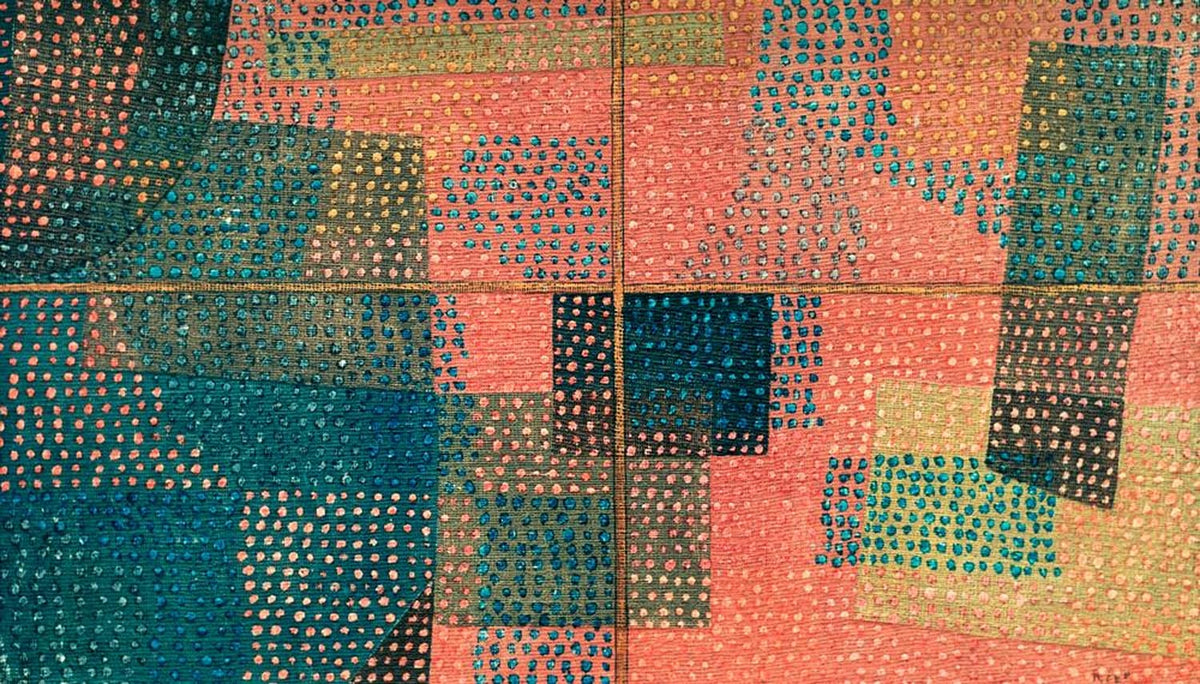 Abstraktes Fensterbild mit bunten Farbflächen und geometrischen Formen von Paul Klee.