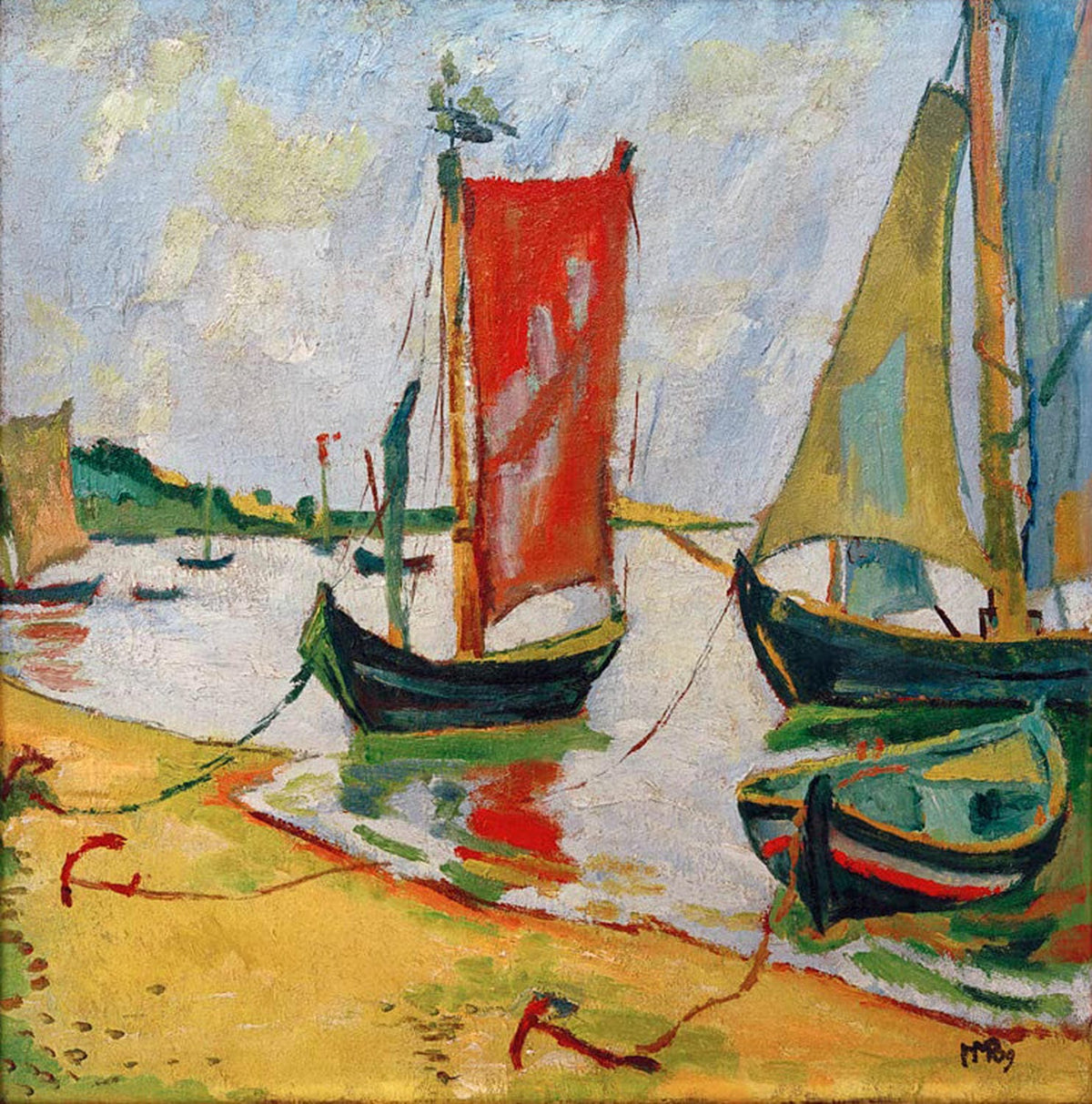 Max Pechstein, „Am Kurischen Haff“, expressionistisches Gemälde von Küstenlandschaft mit Fischerbooten.