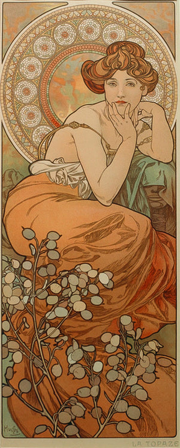 Jugendstil-Darstellung einer Frau in goldenen und topasfarbenen Tönen, umgeben von floralen Ornamenten, von Alfons Mucha.