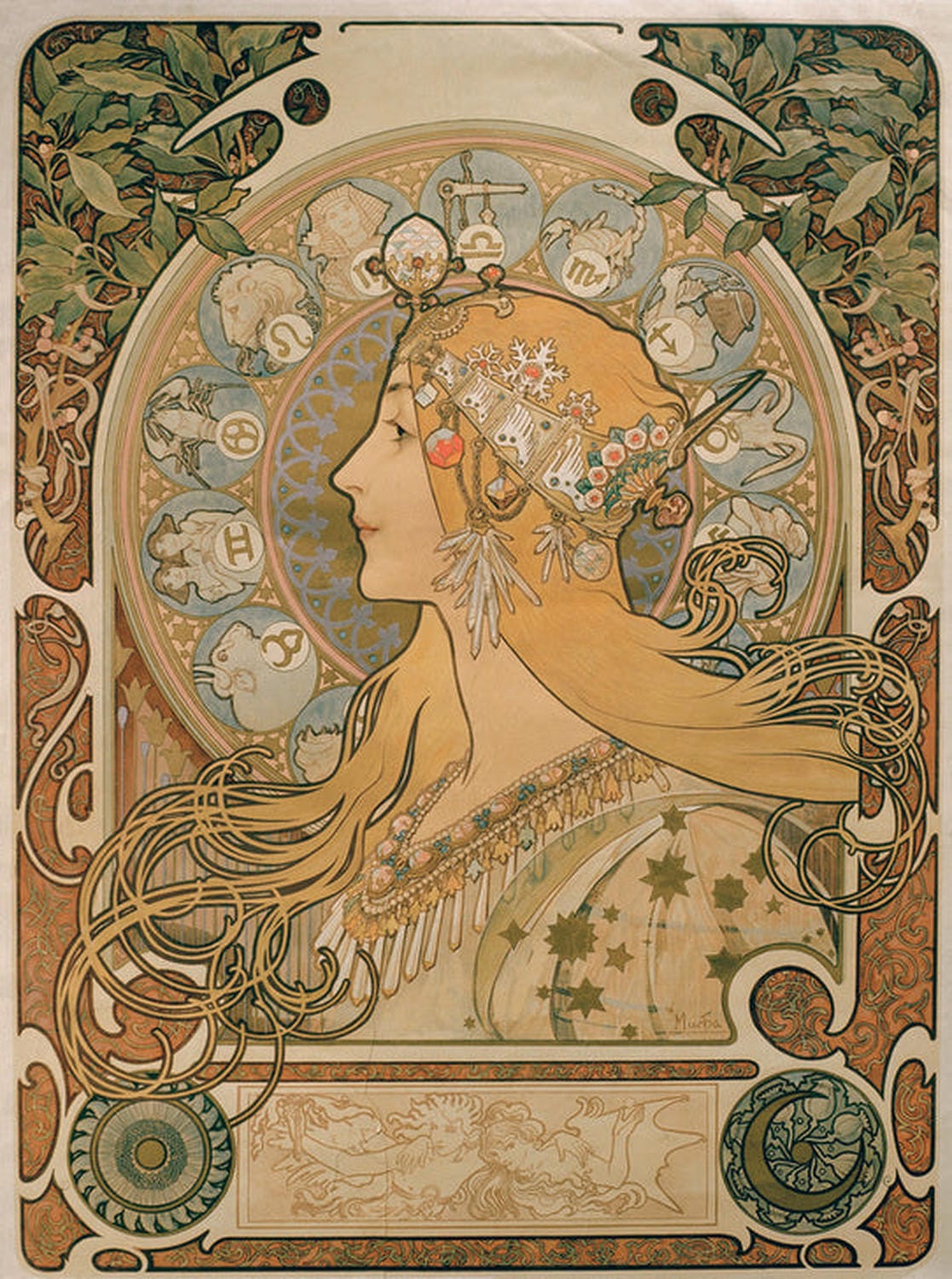 Tierkreis von Alfons Mucha: Ein kunstvolles Gemälde im Jugendstil, das die zwölf Sternzeichen in stilisierten, floralen Darstellungen zeigt, umgeben von eleganten Mustern und astrologischen Symbolen, die die mystische Aura des Werkes betonen.