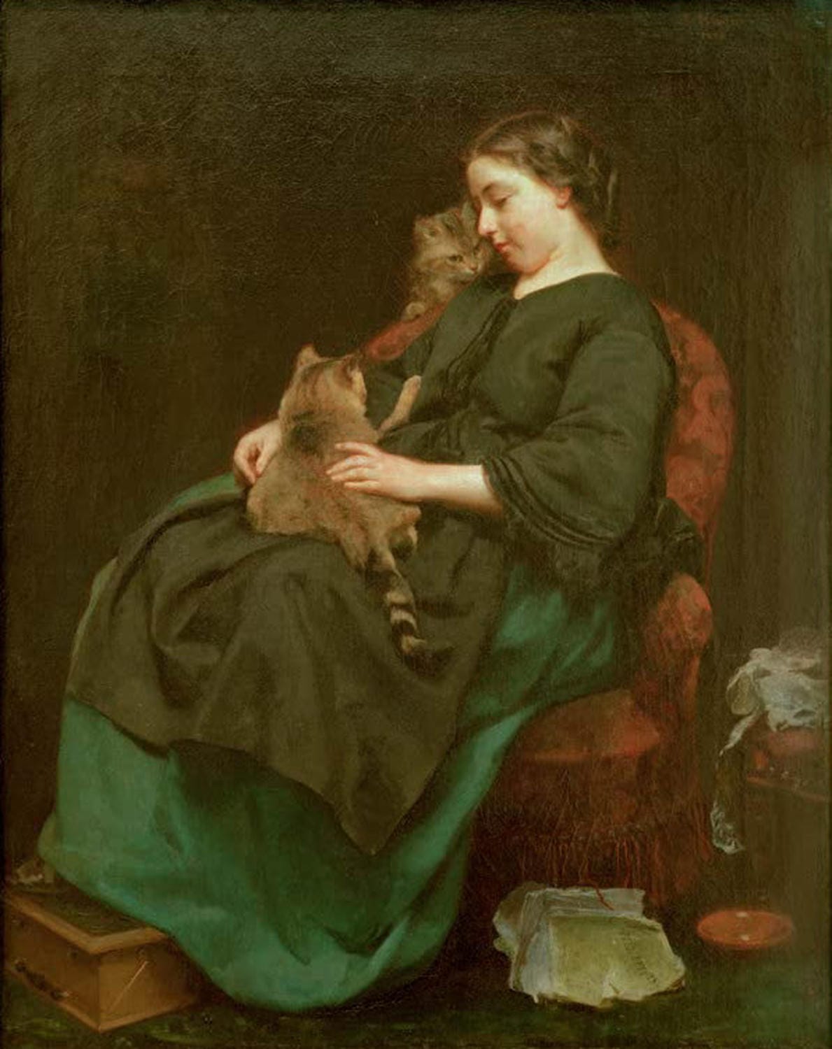 Gemälde „Die Katzenmutter“ von Ludwig Knaus, Kind hält Katze im Arm, realistische Genremalerei aus dem 19. Jahrhundert