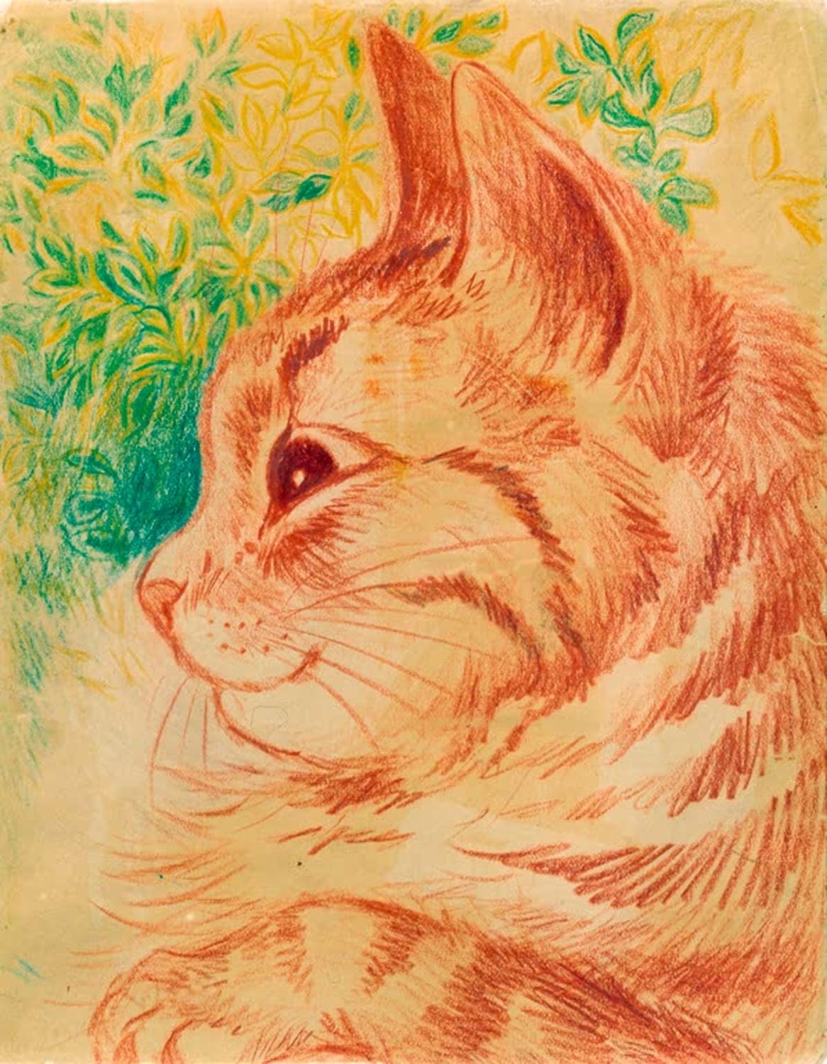 "Kaleidoskopf-Katzen: Katzenkopf auf Blättermuster" von Louis Wain – ornamentaler Katzen Kunstdruck auf Leinwand oder Fine Art Papier