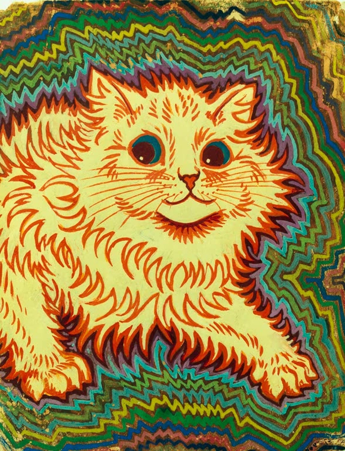 "Kaleidoskop-Katze" von Louis Wain – farbenfroher Kunstdruck auf Leinwand oder Fine Art Papier