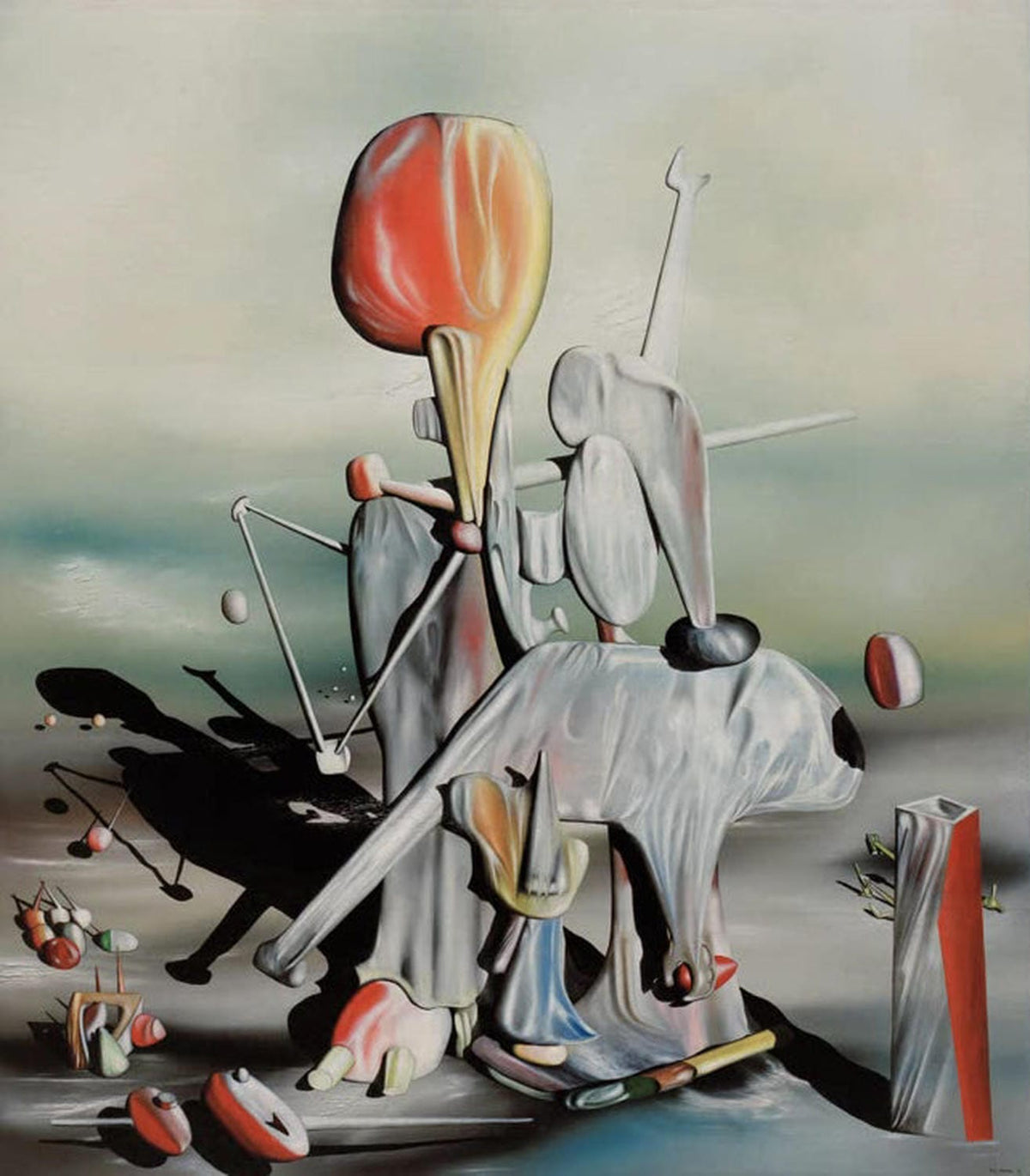 "Durch die Vögel" von Yves Tanguy – surreale Traumlandschaft mit abstrakten, organischen Formen.