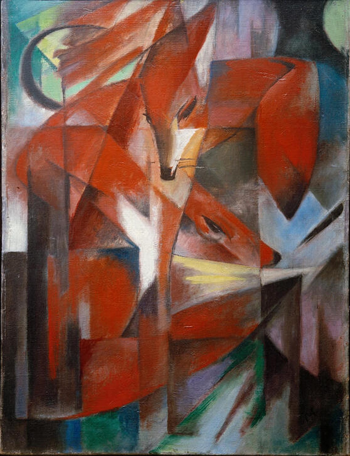 Füchse von Franz Marc: Zwei Füchse in leuchtendem Rot und Blau, umgeben von geometrischen Formen, ausdrucksstarkes Werk des Expressionismus.