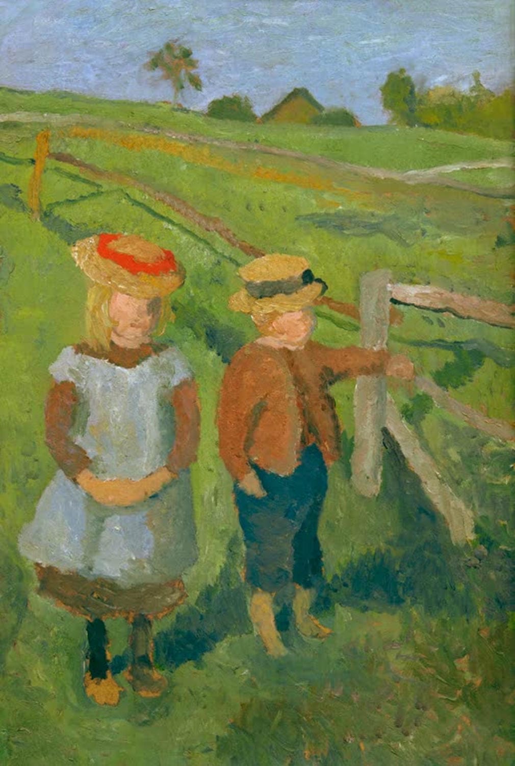 Kunstdruck „Zwei Kinder in Sonne“ von Paula Modersohn-Becker, zwei Kinder im warmen Sonnenlicht in ruhiger Landschaft