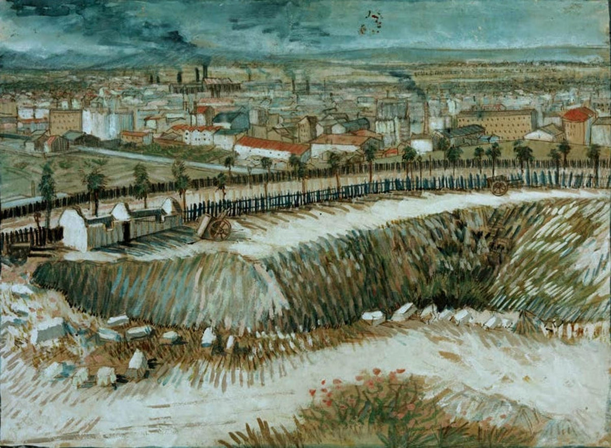Kunstdruck des Gemäldes „Am Stadtrand von Paris nahe Montmartre“ von Vincent van Gogh mit Häusern, Straßen und Bäumen in lebendigen Farben