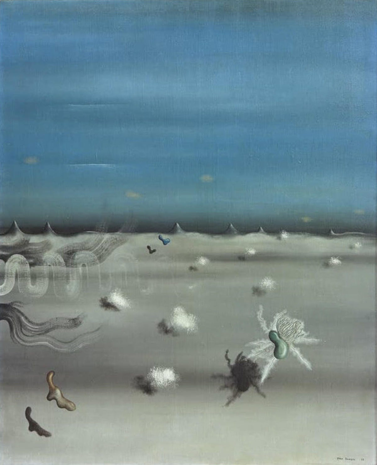 "Bernsteinblick" von Yves Tanguy – surreale Landschaft in Blau und Grau mit organischen Formen.