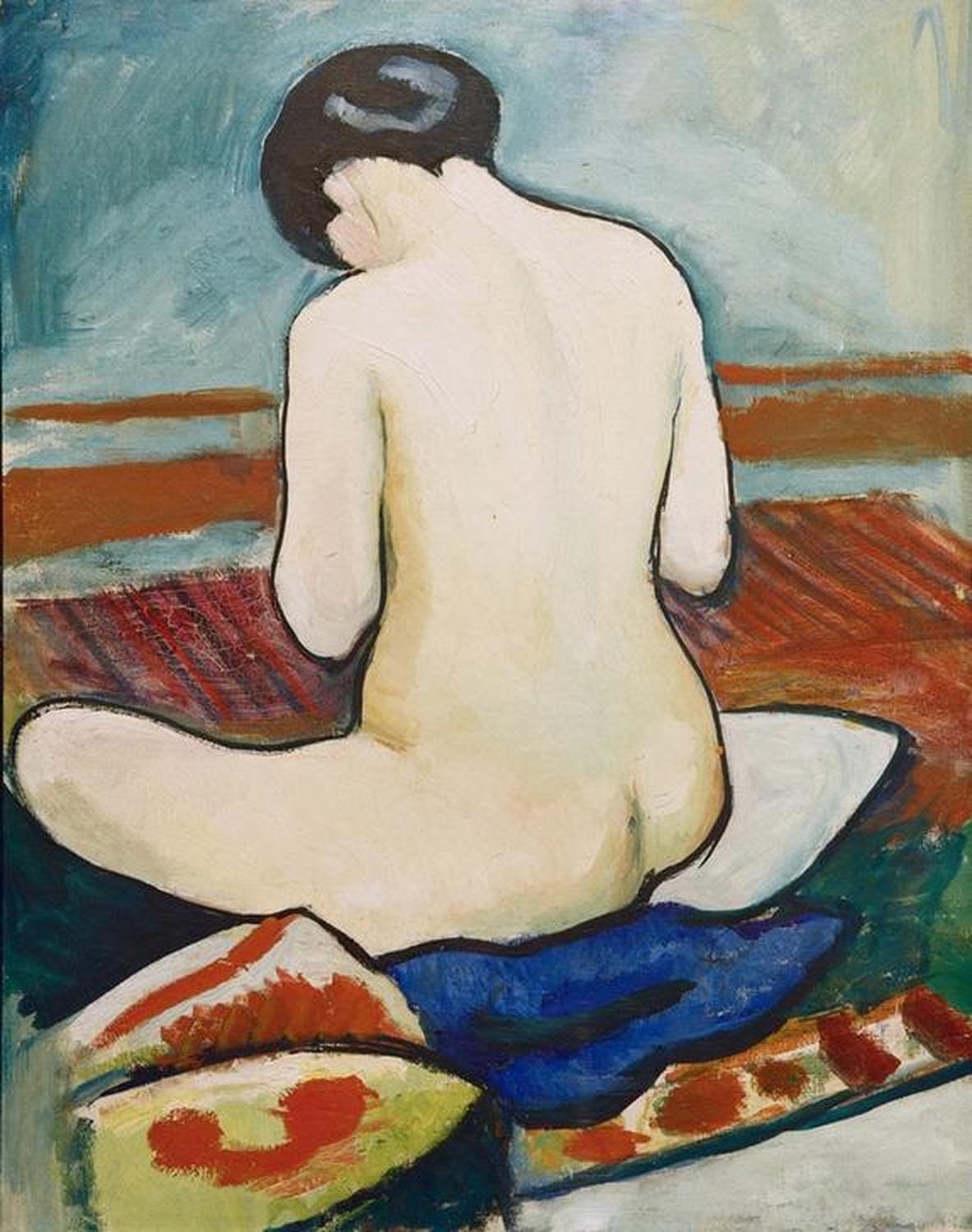 Sitzender weiblicher Akt auf einem Kissen in sanften Farben, gemalt von August Macke im expressionistischen Stil.