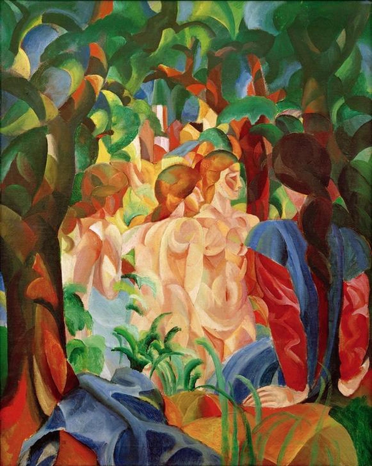 Expressionistisches Gemälde von August Macke mit badenden Mädchen und einer Stadtlandschaft im Hintergrund.