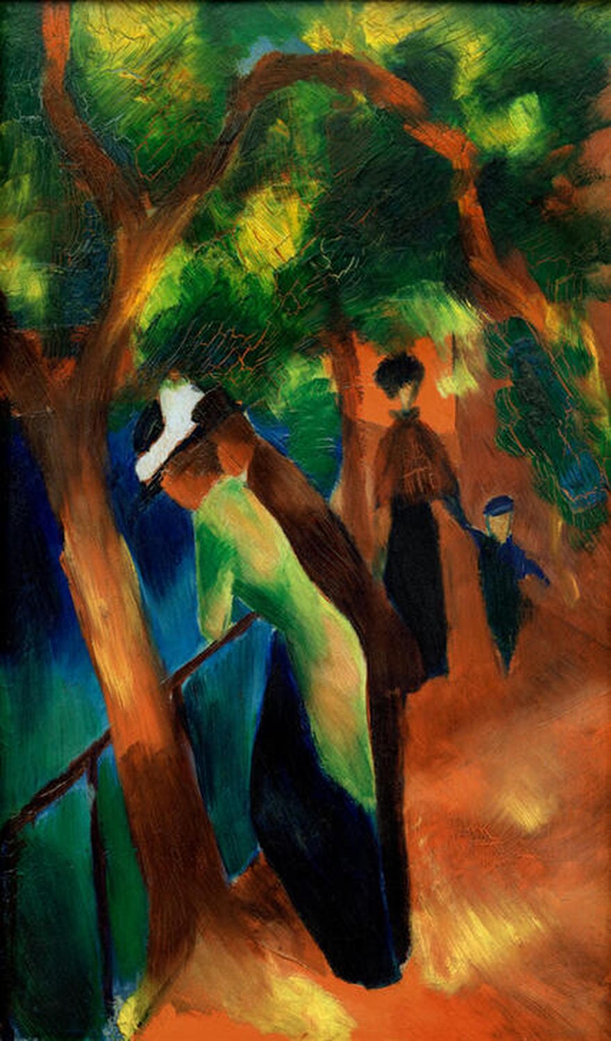 Ein sonniger Weg in leuchtenden Farben mit Bäumen und Figuren, gemalt von August Macke.