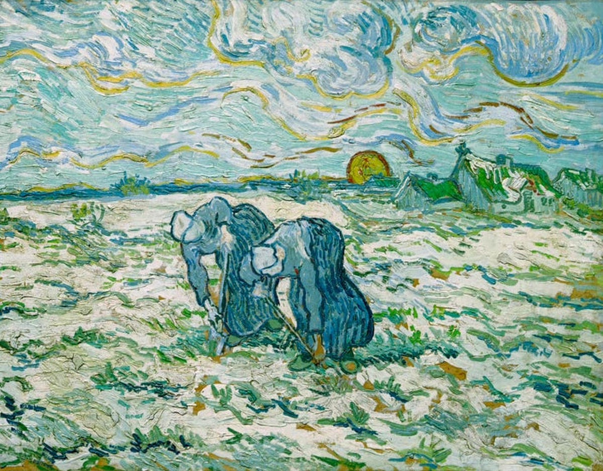 „Zwei grabende Bäuerinnen auf schneebedecktem Feld“ von Vincent van Gogh – postimpressionistische Winterlandschaft mit zwei arbeitenden Bäuerinnen, dynamischen Pinselstrichen und stimmungsvoller Farbgestaltung.