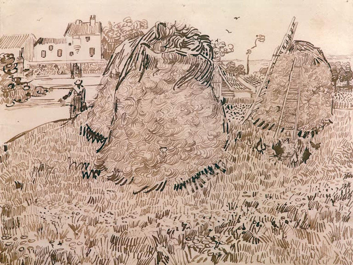 Kunstdruck des Gemäldes „Die Strohhaufen“ von Vincent van Gogh mit Feldern und leuchtenden Strohhaufen, lebendig in Farbe und typischen Pinselstrichen.