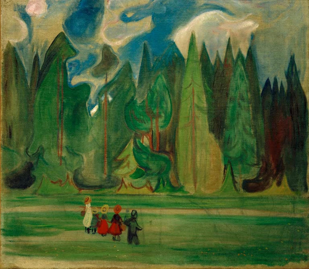 Gemälde „Kinder im Wald“ von Edvard Munch mit Kindern und Waldlandschaft