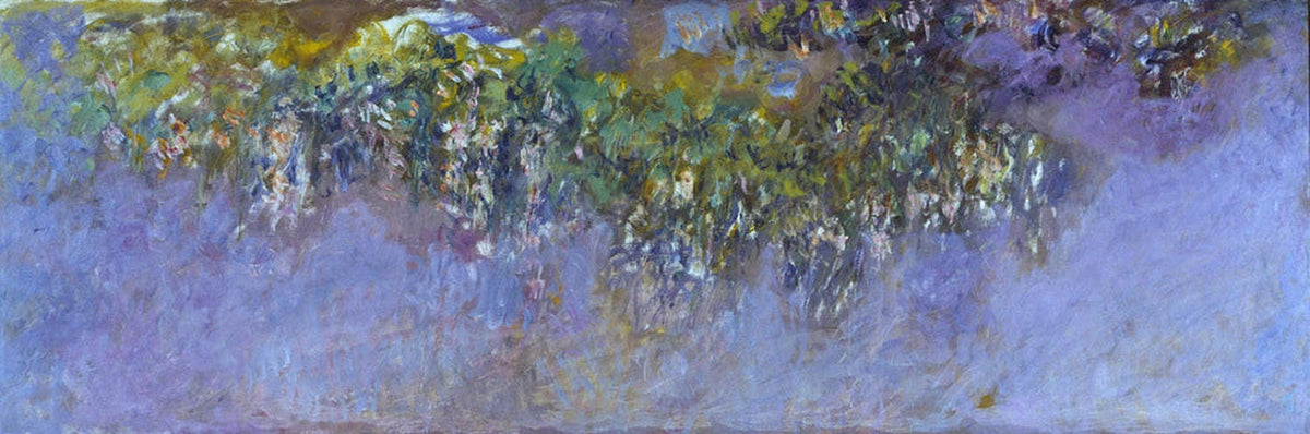 Impressionistisches Gemälde von Claude Monet mit blühenden Glyzinien in Violett- und Blautönen.