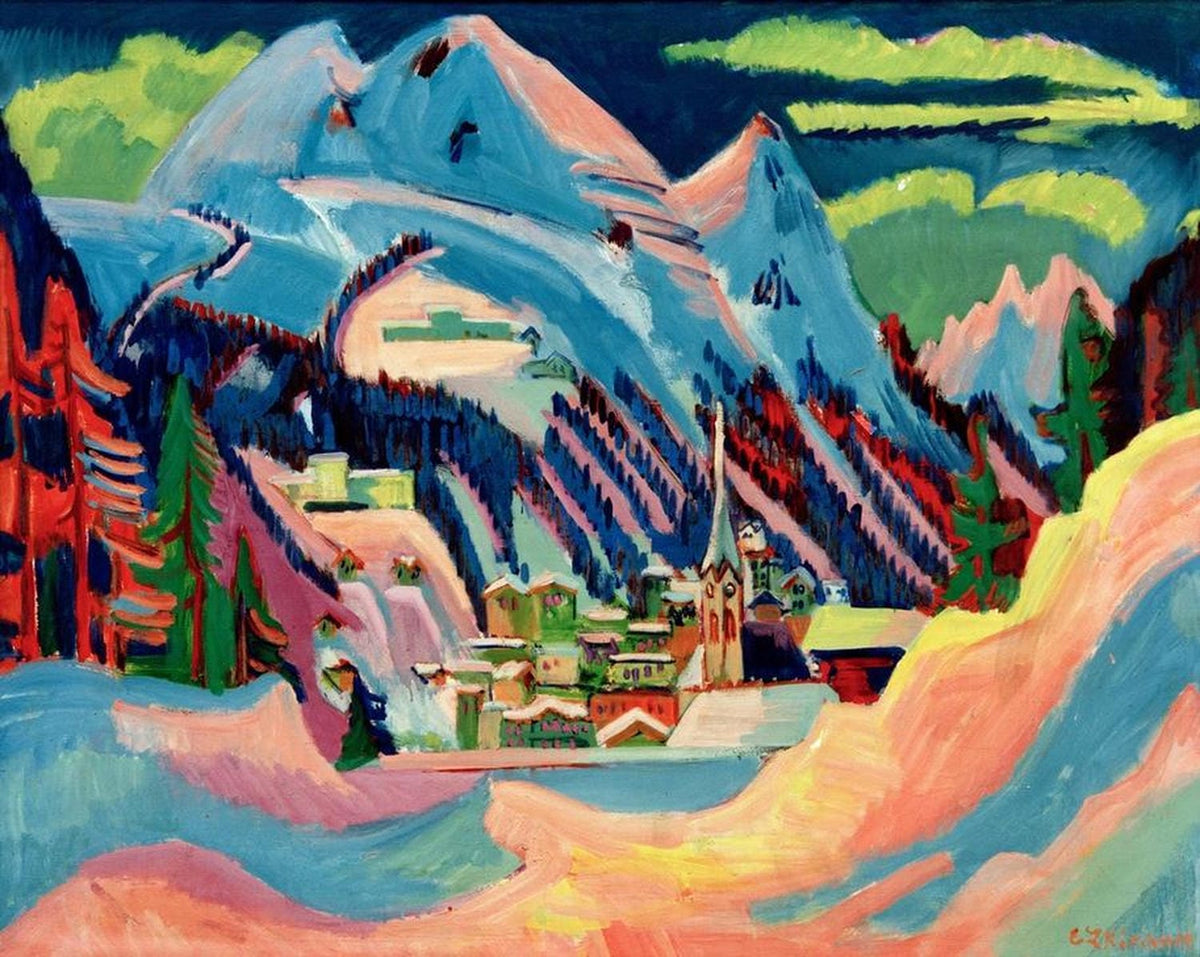 Expressionistisches Gemälde einer verschneiten Berglandschaft in Davos. Kirchners charakteristischer Stil zeigt die Winterszene in leuchtenden Blau- und Violetttönen mit dynamischen Pinselstrichen und vereinfachten Formen.