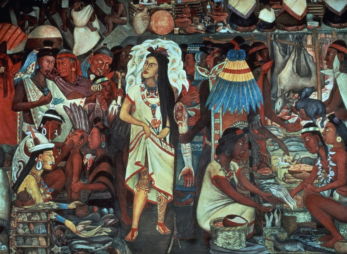 Kunstdruck von Diego Riveras Der Markt von Tlatelolco, das den lebendigen Marktplatz und das tägliche Leben in Mexiko im Detail darstellt, im Stil des sozialrealistischen Künstlers.