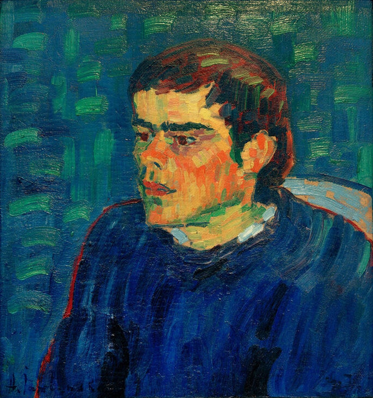 Kunstdruck von Alexej von Jawlenskys Der Bucklige. Ausdrucksstarke Darstellung eines verzerrten Gesichts, das tiefgehende Emotionen und psychologische Tiefe vermittelt.