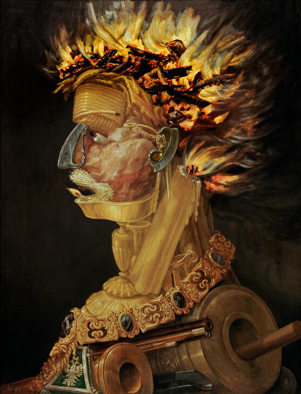Porträt aus Feuerutensilien von Giuseppe Arcimboldo, brennende Gegenstände formen ein menschliches Gesicht – Allegorie des Elements Feuer aus dem 16. Jahrhundert.