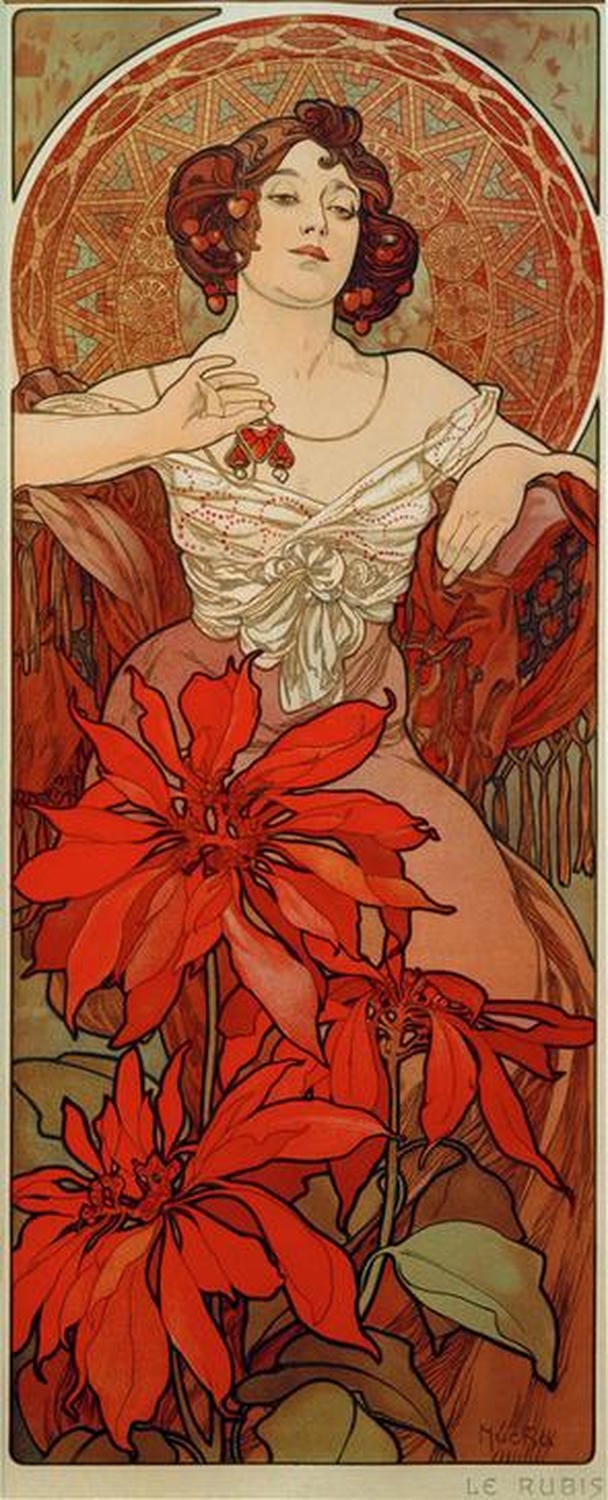 Kunstreproduktion von Alfons Muchas Rubin mit stilisierter Frauenfigur im Jugendstil und dekorativem floralen Rahmen.