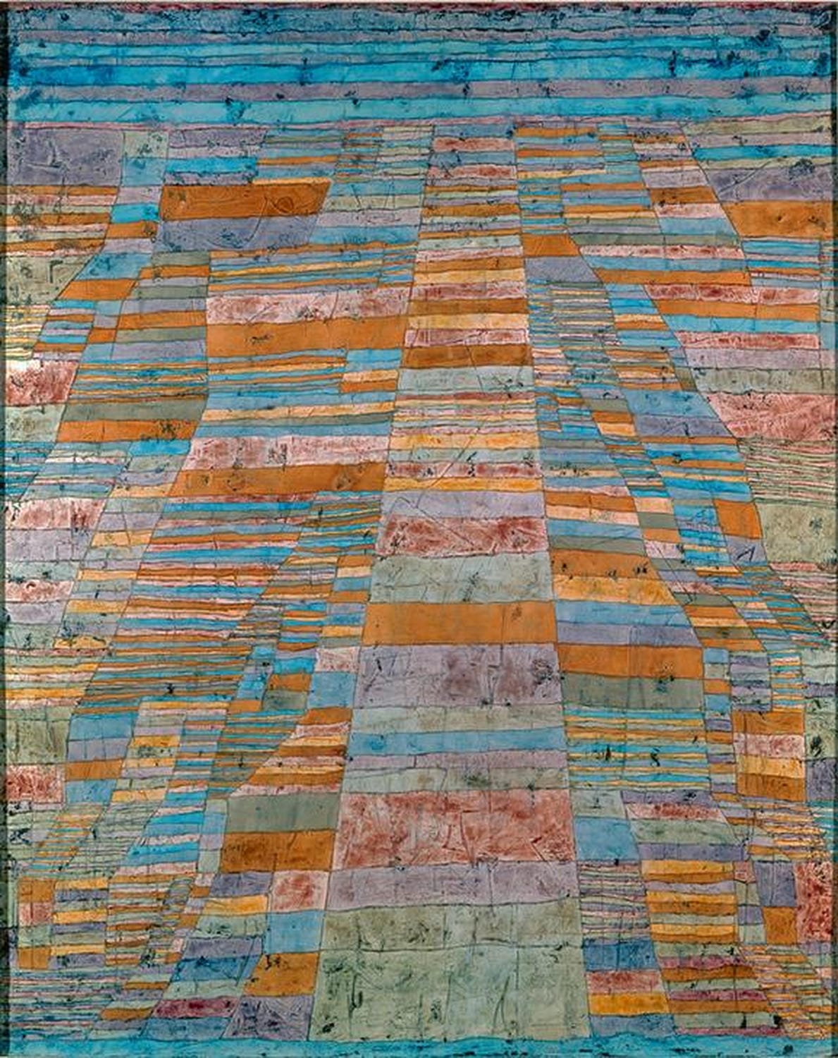 Abstraktes Liniennetz mit geometrischen Formen und farbigen Flächen im Stil von Paul Klee.