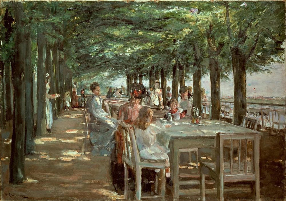 Die Terrasse im Restaurant Jacob in Nienstedten an der Elbe – impressionistisches Gemälde von Max Liebermann mit Gästen auf einer Terrasse am Wasser.