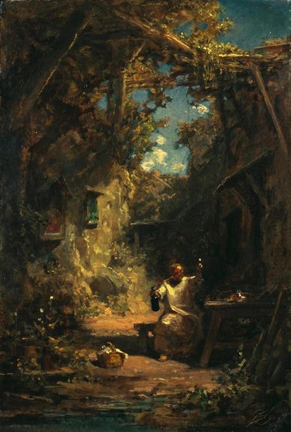 Mönch im Weinkeller beim Verkosten eines Glases Wein – Gemälde "Mönch bei der Weinprobe" von Carl Spitzweg