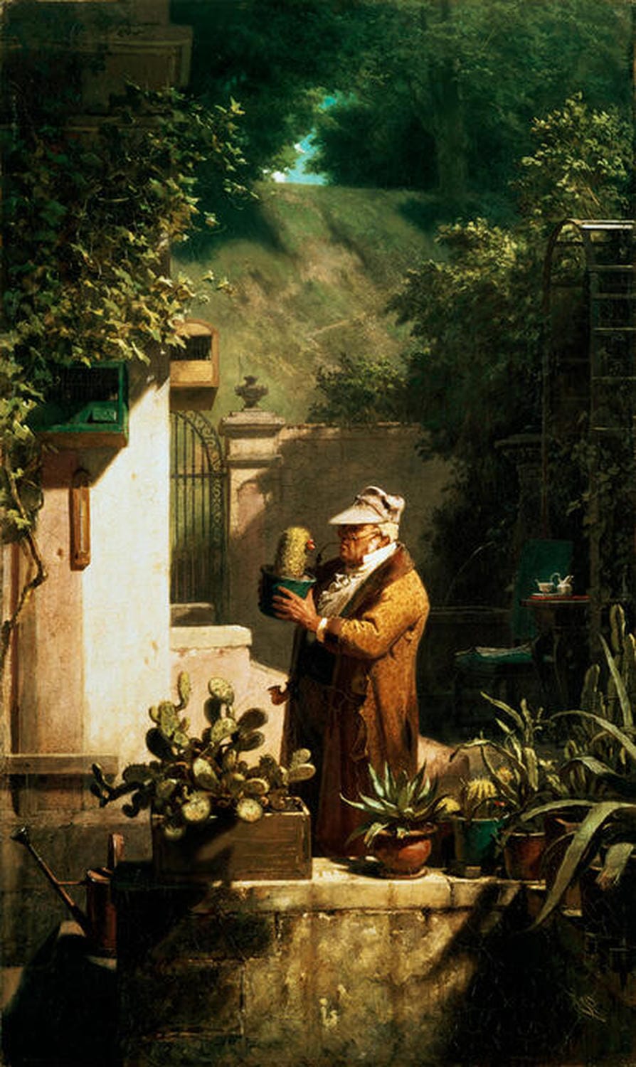 Ein humorvolles Gemälde von Carl Spitzweg: Ein Pfarrer betrachtet fasziniert seine Kakteensammlung in einem gemütlichen Zimmer.