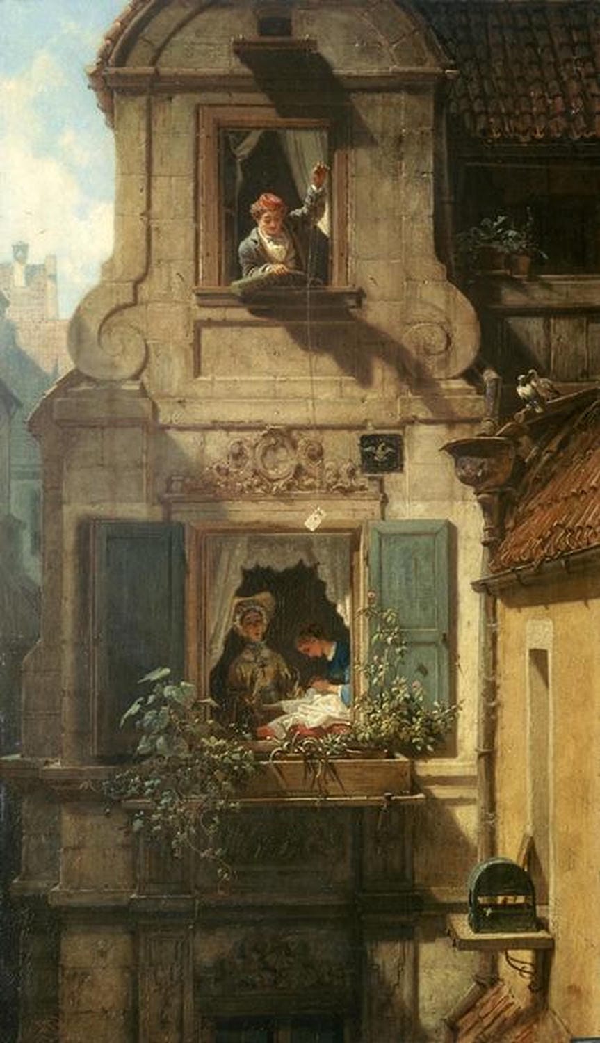 Ältere Frau liest heimlich einen Liebesbrief mit skeptischem Blick – Gemälde "Der abgefangene Liebesbrief" von Carl Spitzweg
